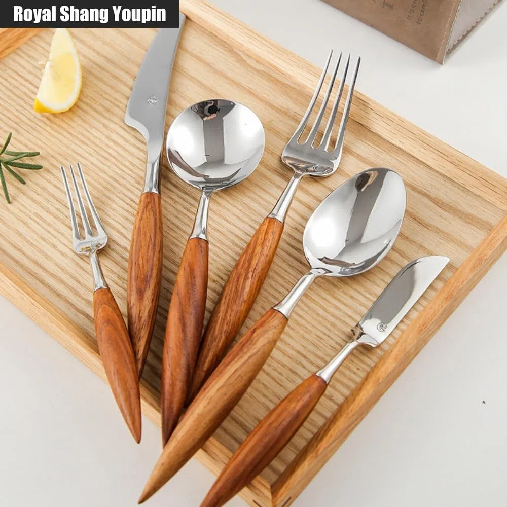 Manico in Legno Massello Di Palissandro Cucina Posate in Acciaio Inossidabile Stoviglie Posate Set Coltello Da Bistecca Forchetta Cucchiaio Cucchiaino (7 pezzi)