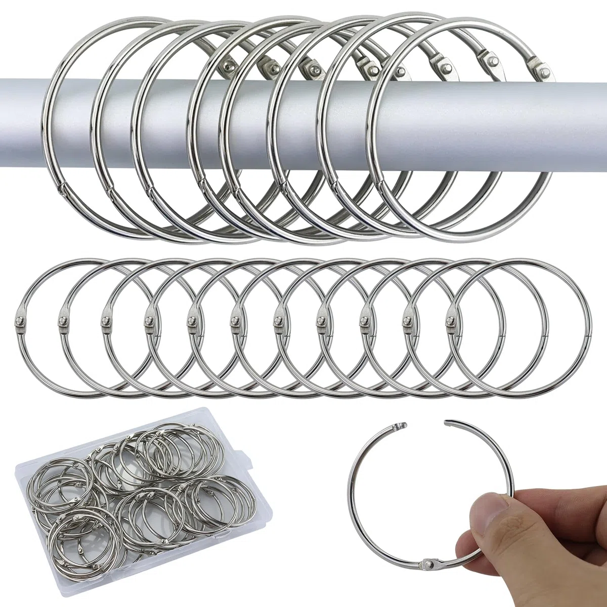 44 Pezzi 50mm Anello Rotundità Apribile Anelli con Scatola,Anelli rilegatura in Metallo,Anelli Tenda Doccia,Argento Acciaio Inox Anelli Portachiavi,per Documenti,Scuola