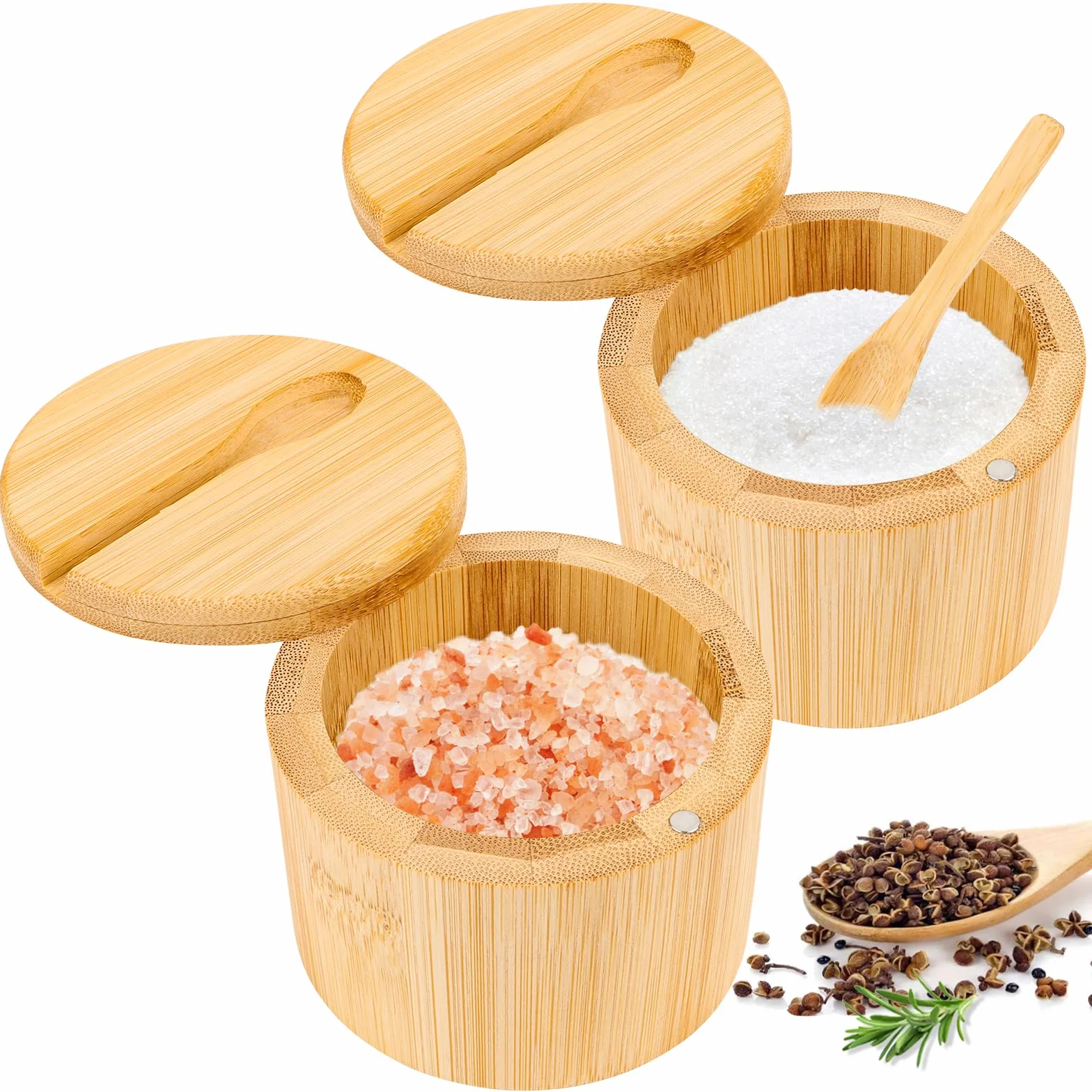 Byffoer 2 contenitori per sale in bambù, 6 oz con coperchio magnetico girevole e cucchiaio, contenitore rotondo per la conservazione di sale, spezie, pepe, erbe