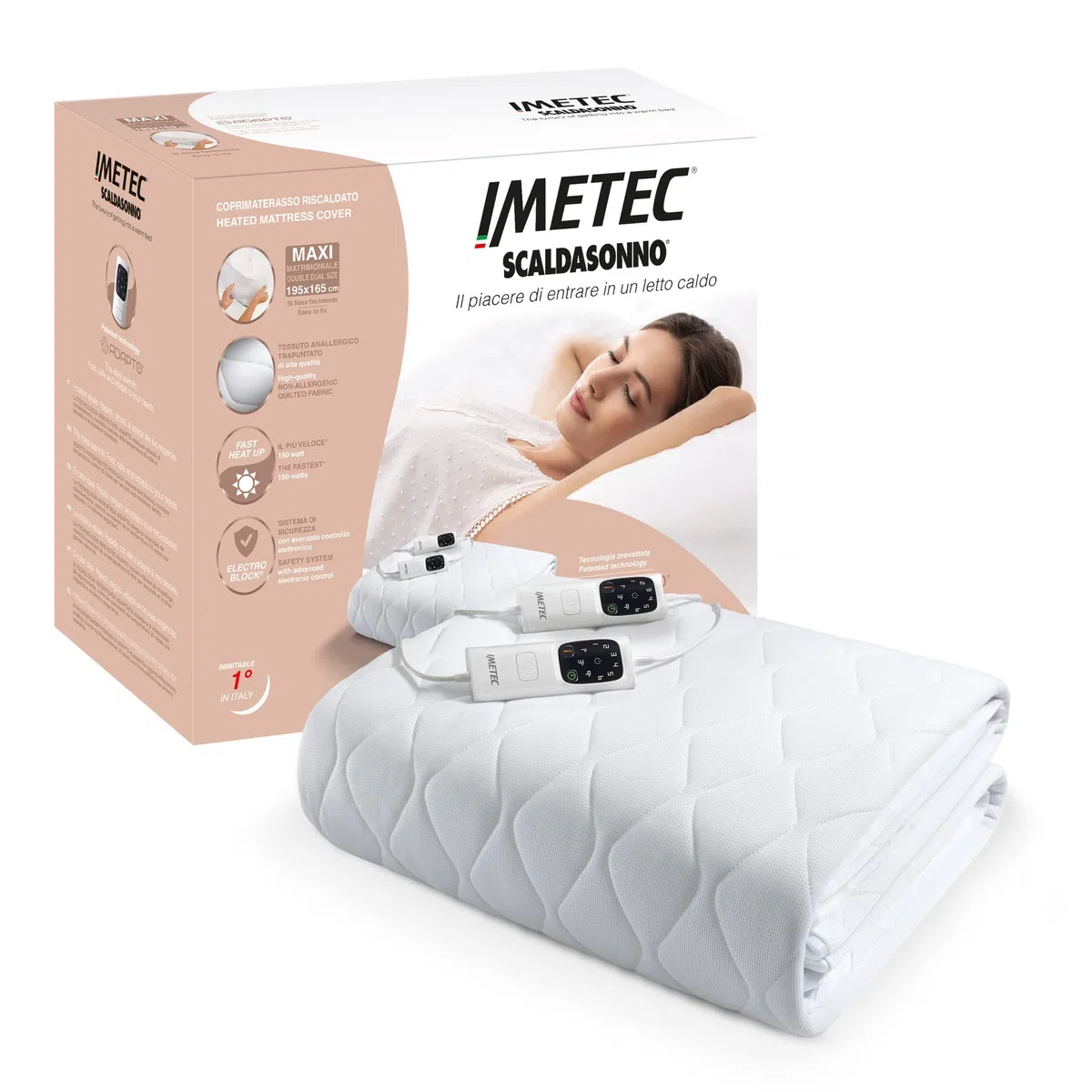 Imetec Scaldasonno Adapto maxi coprimaterasso matrimoniale 195x165 cm, Basso consumo, Riscaldamento rapido, Temperatura personalizzata, Tessuto anallergico trapuntato, Doppio comando, 6 temperature