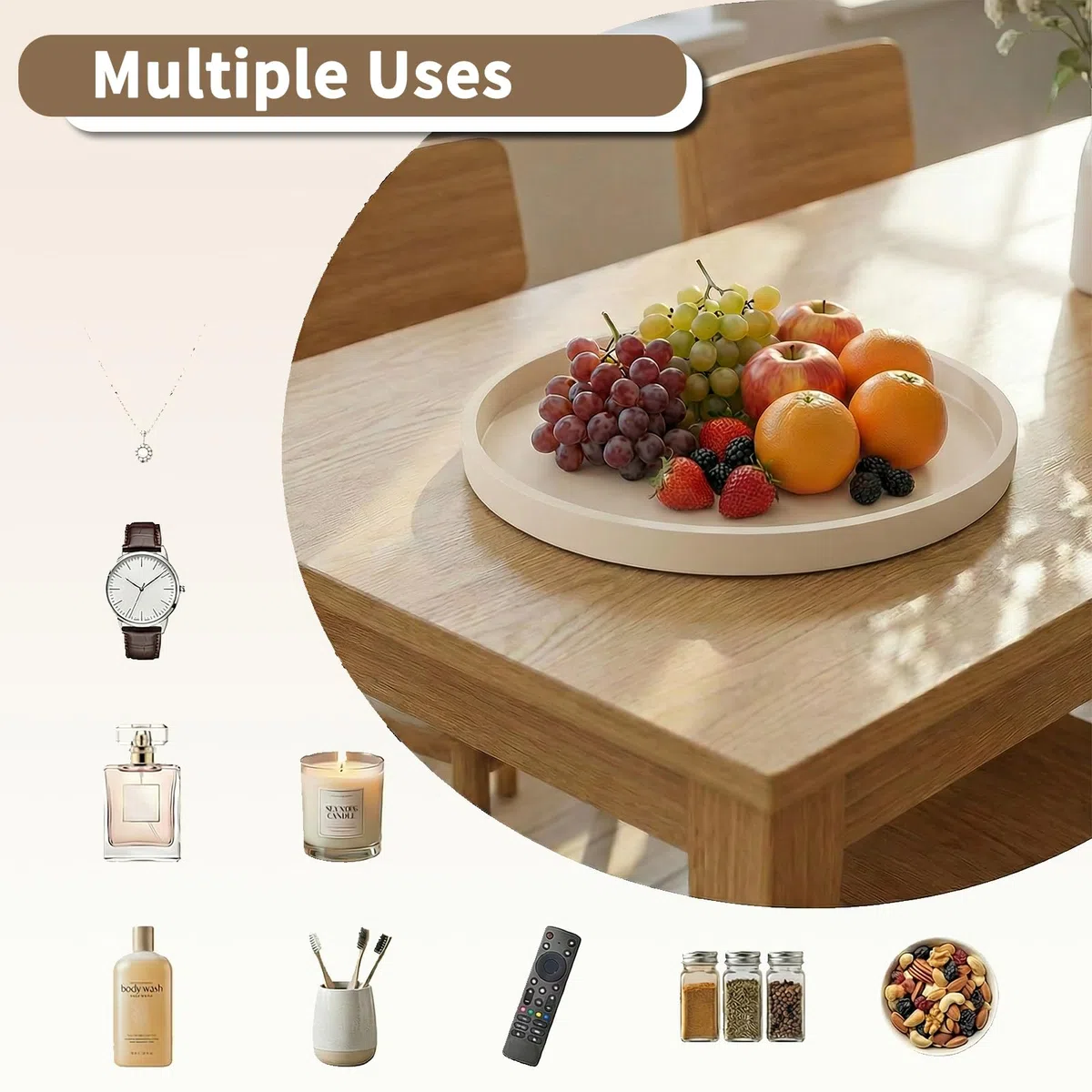 Vassoi decorativi Vassoio da banco da 23 cm, rotondo in silicone decorativo per mobili, vassoio per cosmetici e gioielli, per flaconi di lozione, profumi, gioielli (beige)
