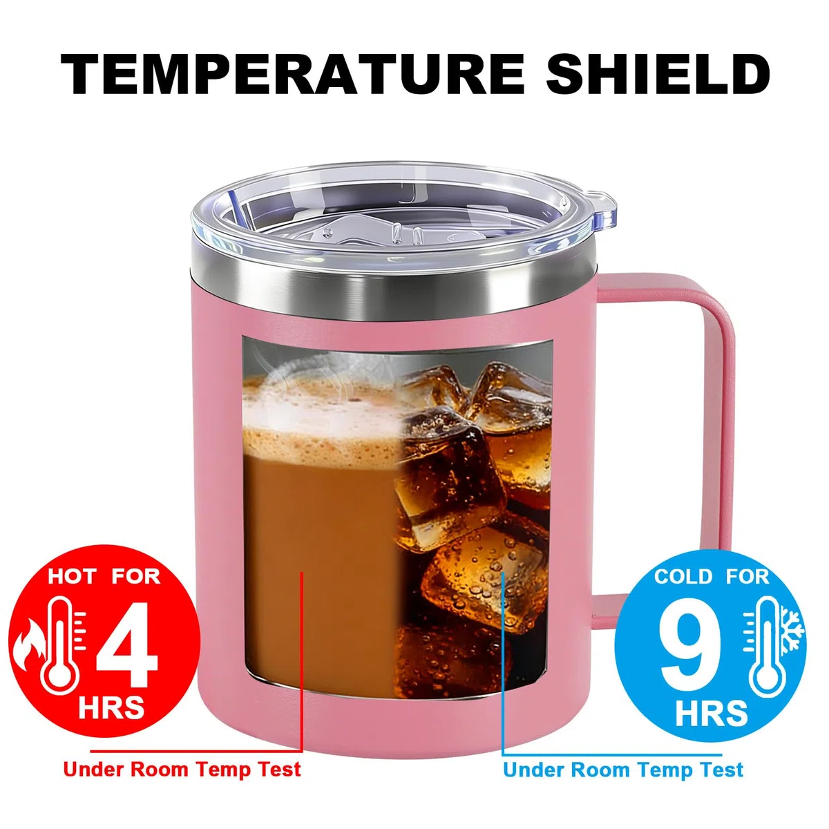 Tazza Termica 360ml con Manico, Mug Termica in Acciaio Inox con Coperchio Ermetico, Bicchiere Termico da Viaggio per Caffè, Ufficio, Campeggio e Viaggi(Rosa)
