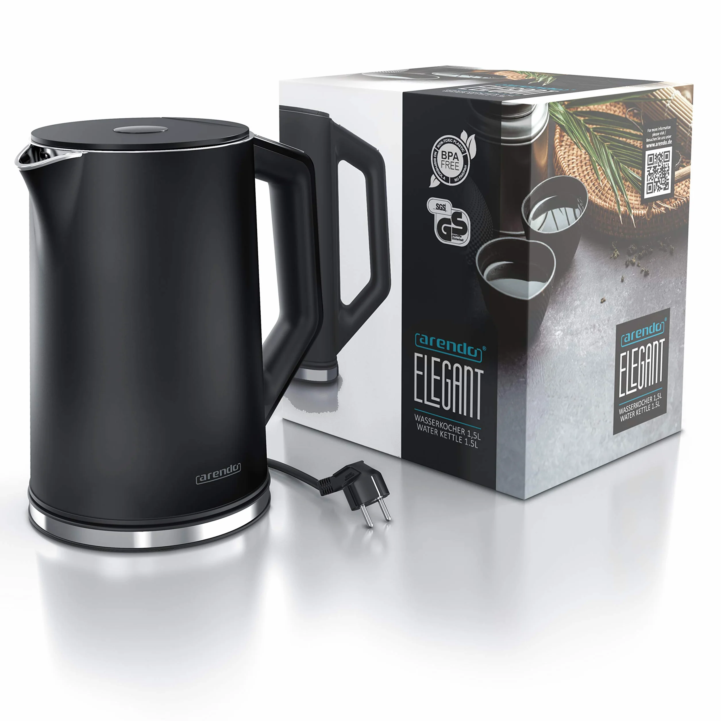 arendo - Bollitore Acqua Elettrico in Acciaio Inox - Modello Elegant - 1,5 Litri - 2200 W - Regolazidone della Temperatura da 40 a 100°C - Design a parete doppia - Nero