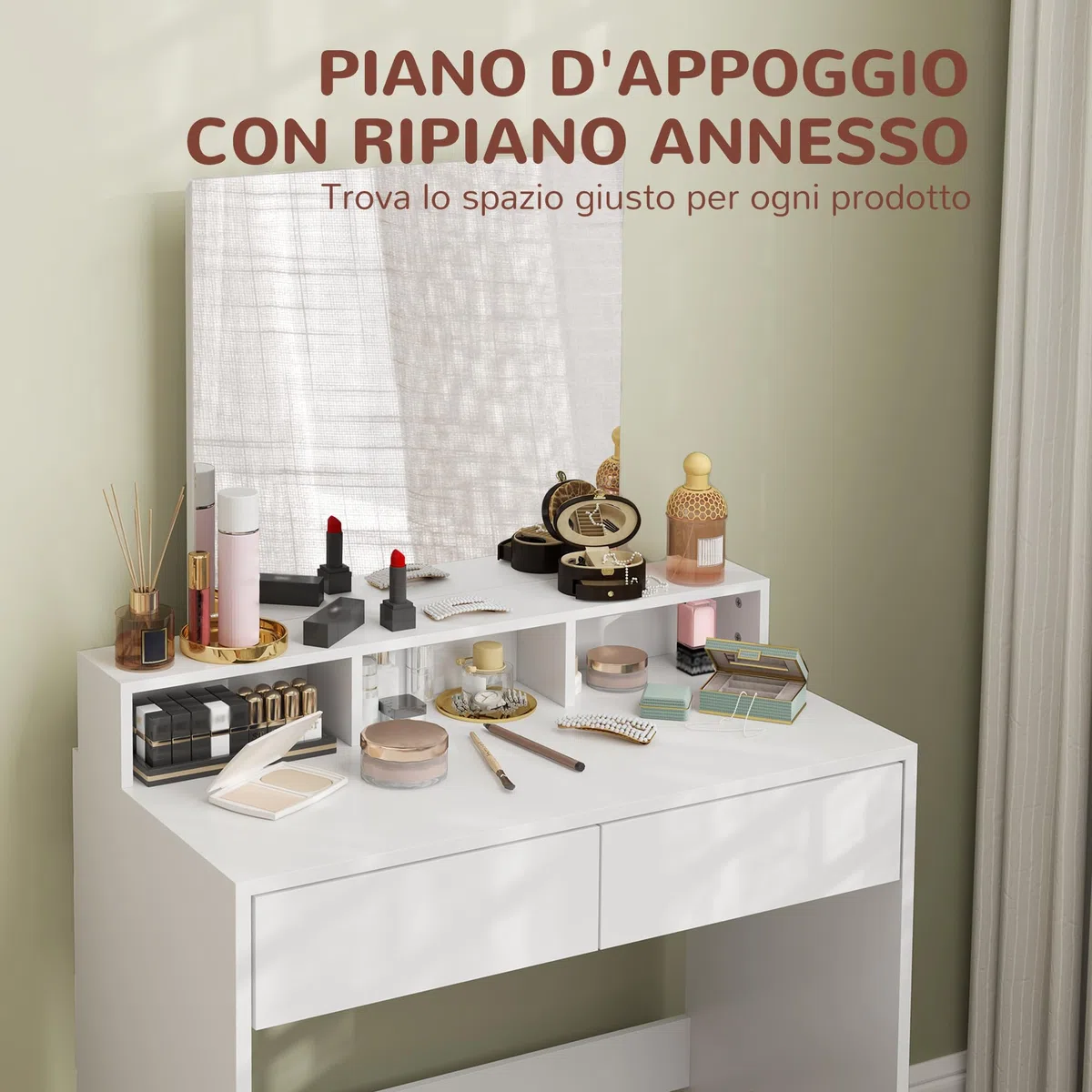 HOMCOM Postazione Trucco con Sgabello, Tavolo da Trucco con Specchio, 3 Ripiani, 2 Cassetti, Toeletta Trucco Moderno in Legno per Camera da Letto, 75x38x135 cm, Bianco