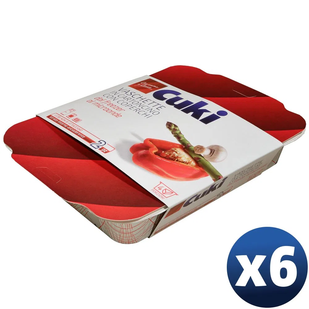Cuki Vaschette in cartoncino con coperchi dal freezer al microonde - 4 porz - rettangolari [RC2] - 12 vaschette (Multipack)