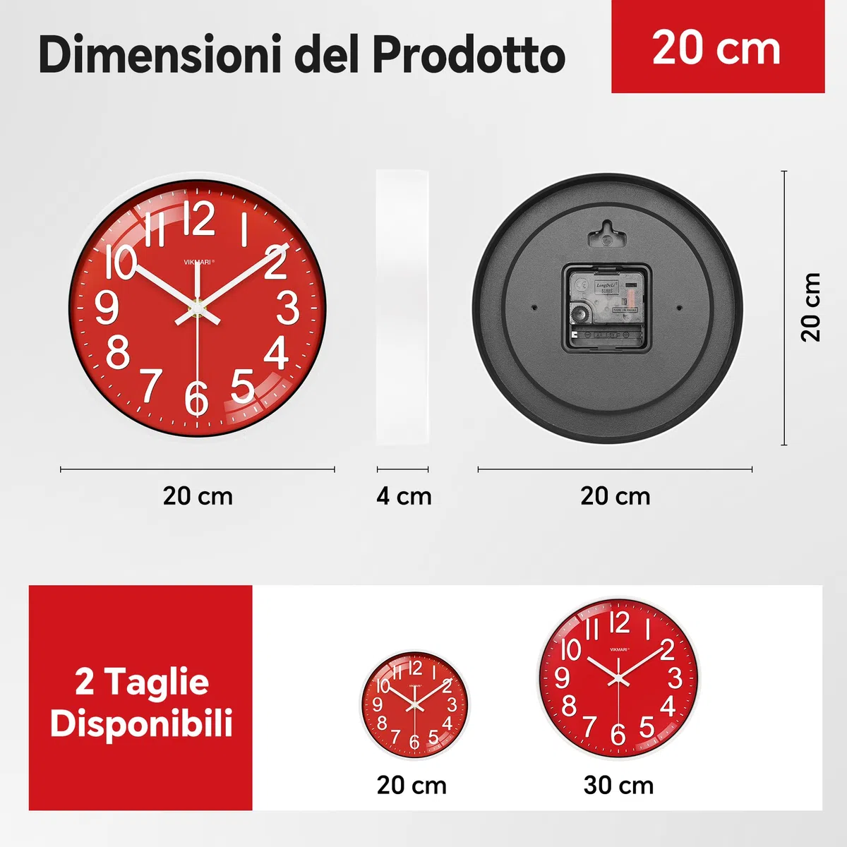 VIKMARI Orologio da Parete Piccolo 20 cm Rosso Moderno Silenzioso a Batteria per Cucina Soggiorno Camera da Letto Bagno Ufficio Scuola