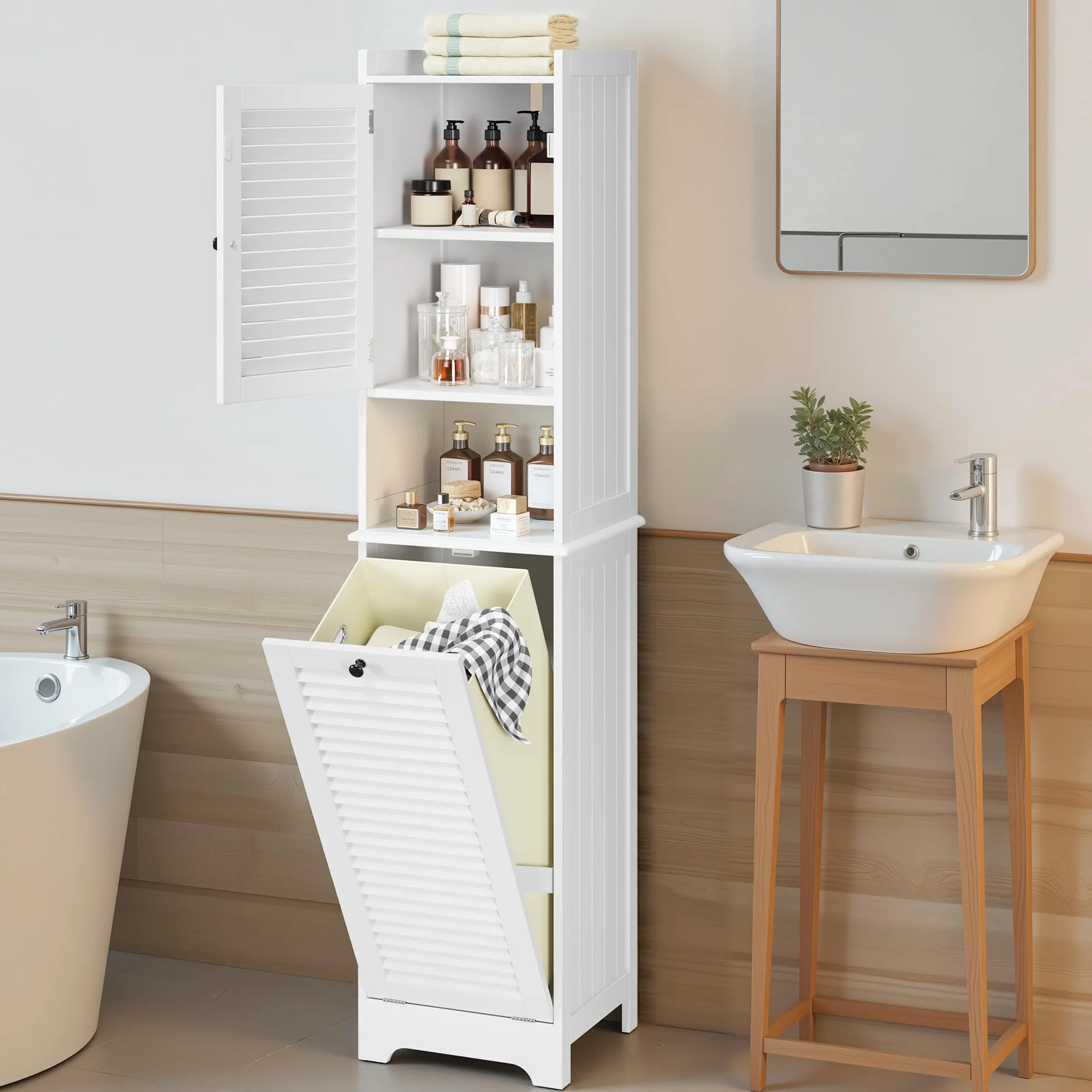 Xbro Mobile Salvaspazio Alto da Bagno con 2 Ante a Lamelle, 3 Ripiani e Cesto Portabiancheria, Multiuso per Cucina, Soggiorno e Bagno, 40x37x170 cm, Bianco