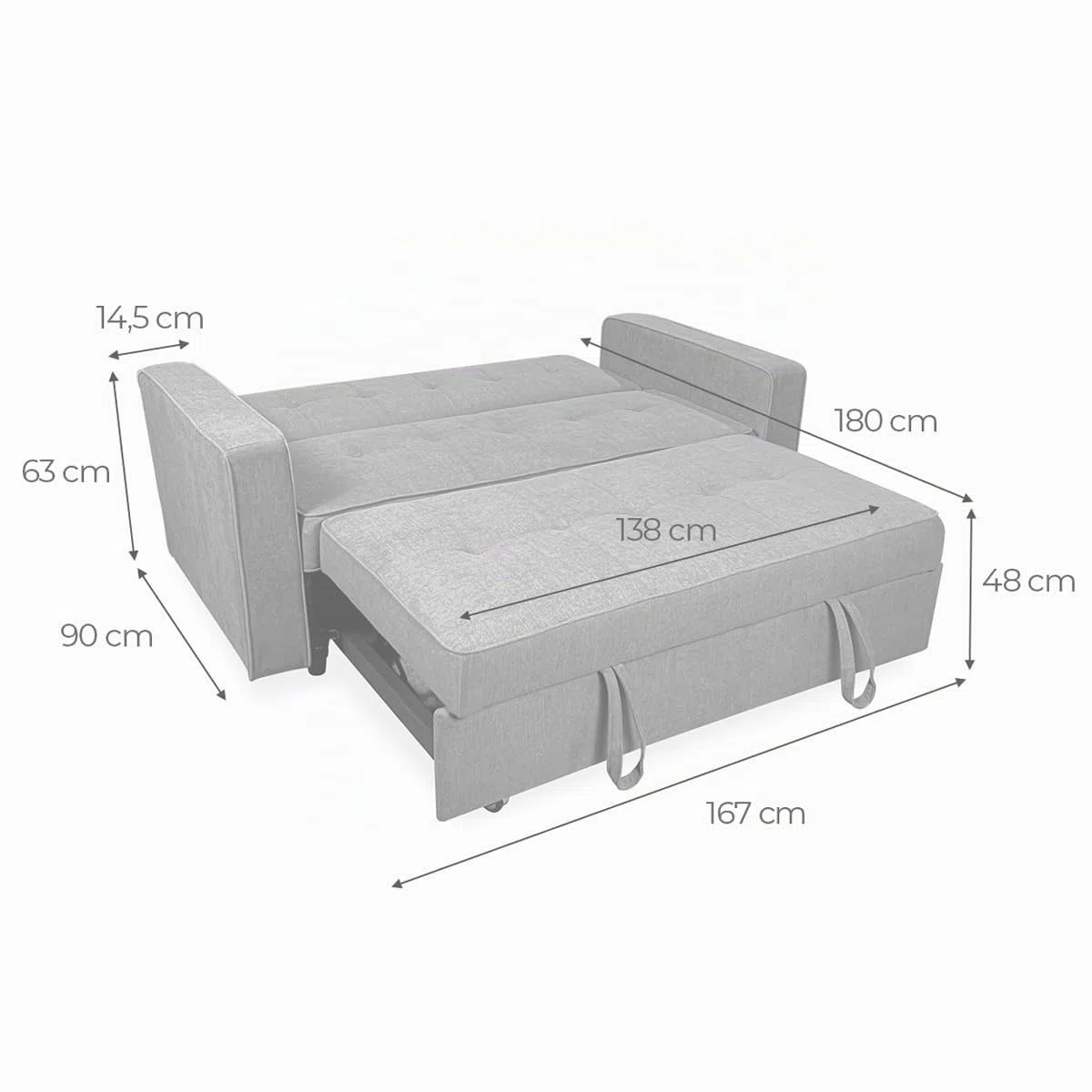 Somnia Descanso - Divano letto a 2 posti modello Volga, design moderno ed elegante | pratico e funzionale, con braccioli, grigio