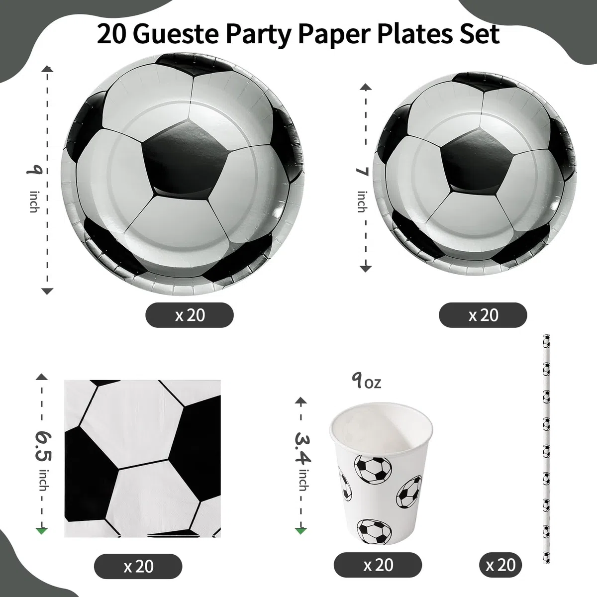 Decorazioni per feste di calcio per 20 ospiti, set da tavola include piatti di carta da calcio, per tema sportivo festa di compleanno, baby shower decorazioni per feste