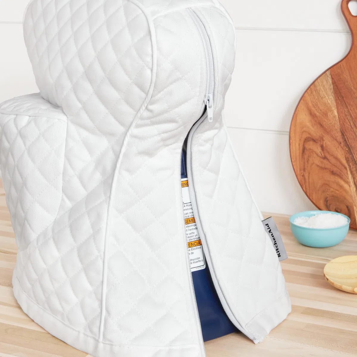 KITCHENAID Fitted Tilt-Head Stand Mixer Cover with Storage Pocket, Quilted 100% Cotton,14.4"x18"x10", White
