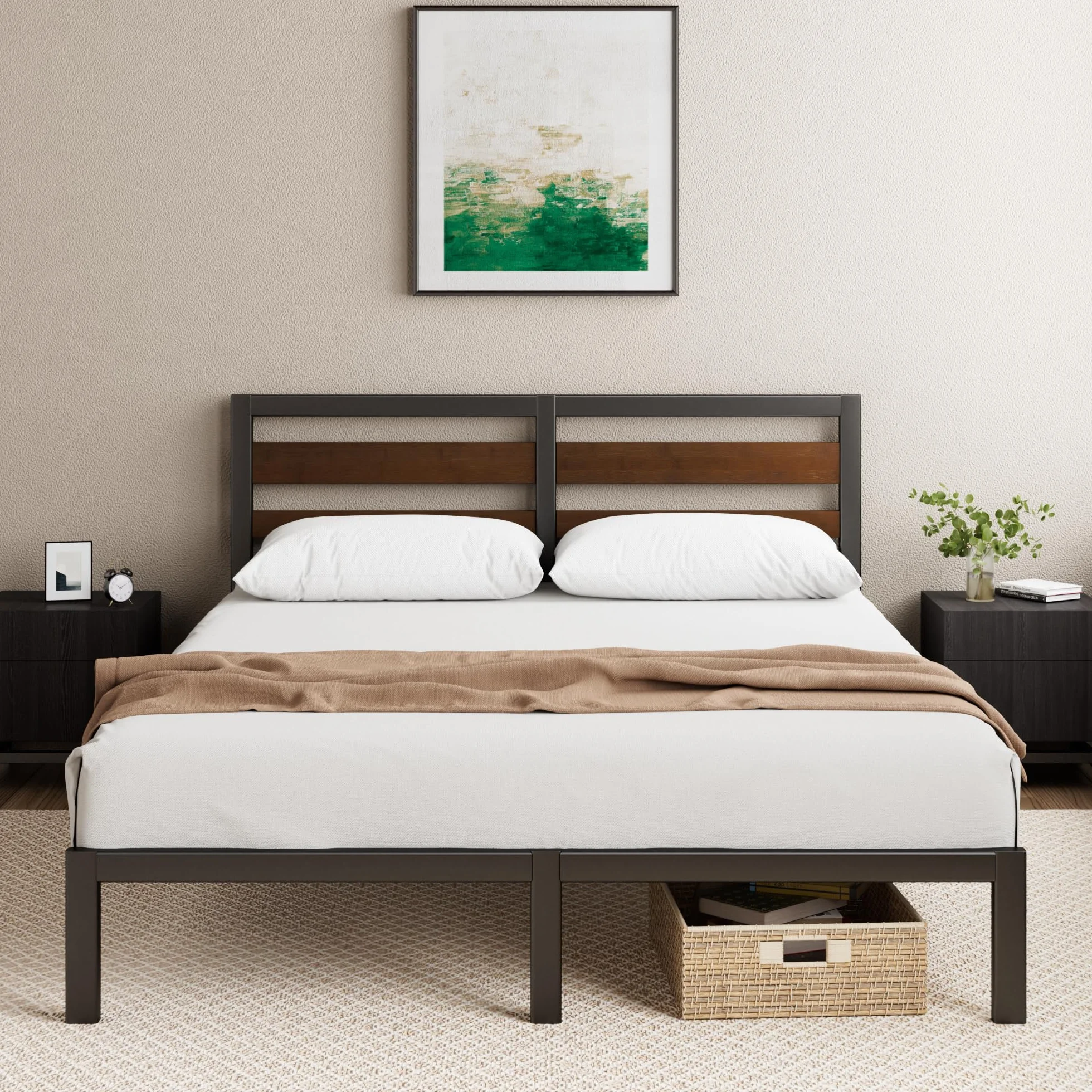 Zinus Kai - Telaio per letto da 140 x 200 cm, con testiera in bambù, letto in metallo da 140 x 200 cm, con rete a doghe in metallo, piattaforma alta da 25,4 cm con spazio libero sotto, non necessita