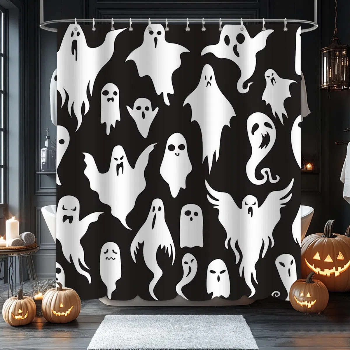 AIBIIN Tenda da doccia con fantasmi di Halloween, 182,9 x 183 cm, motivo fantasma in bianco e nero, divertente tenda da doccia carina e divertente decorazione impermeabile in tessuto resistente per la