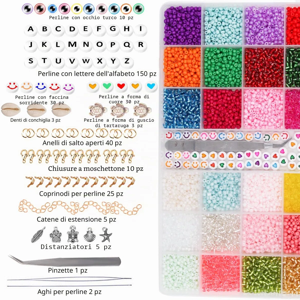 EuTengHao 13200 perline in vetro, piccole perline per pony fai da te, per braccialetti, collane, gioielli, creazione di gioielli con due stringhe trasparenti da 0,6 mm(3mm,550per colore,24 colori)