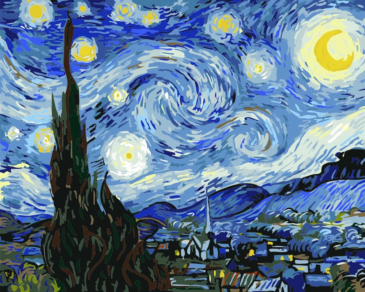 liziciti Kit per dipingere con i numeri, per adulti e principianti, dipinti famosi di Van Gogh, fai da te, pittura a olio acrilica, 40,6 x 50,8 cm (senza cornice, notte stellata)