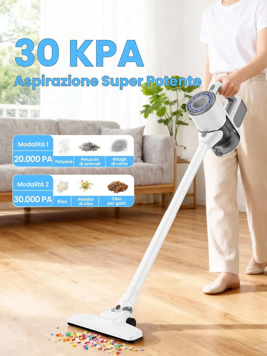 VersLife S6 Scopa elettrica senza fili 2 in 1 con Tubo di Prolunga, Multifunzione, Multiple Spazzole, Ricarica USB Tipo C, Filtro HEPA, Filtrazione Multipla, per Pavimenti in Legno/Divani (bianco)