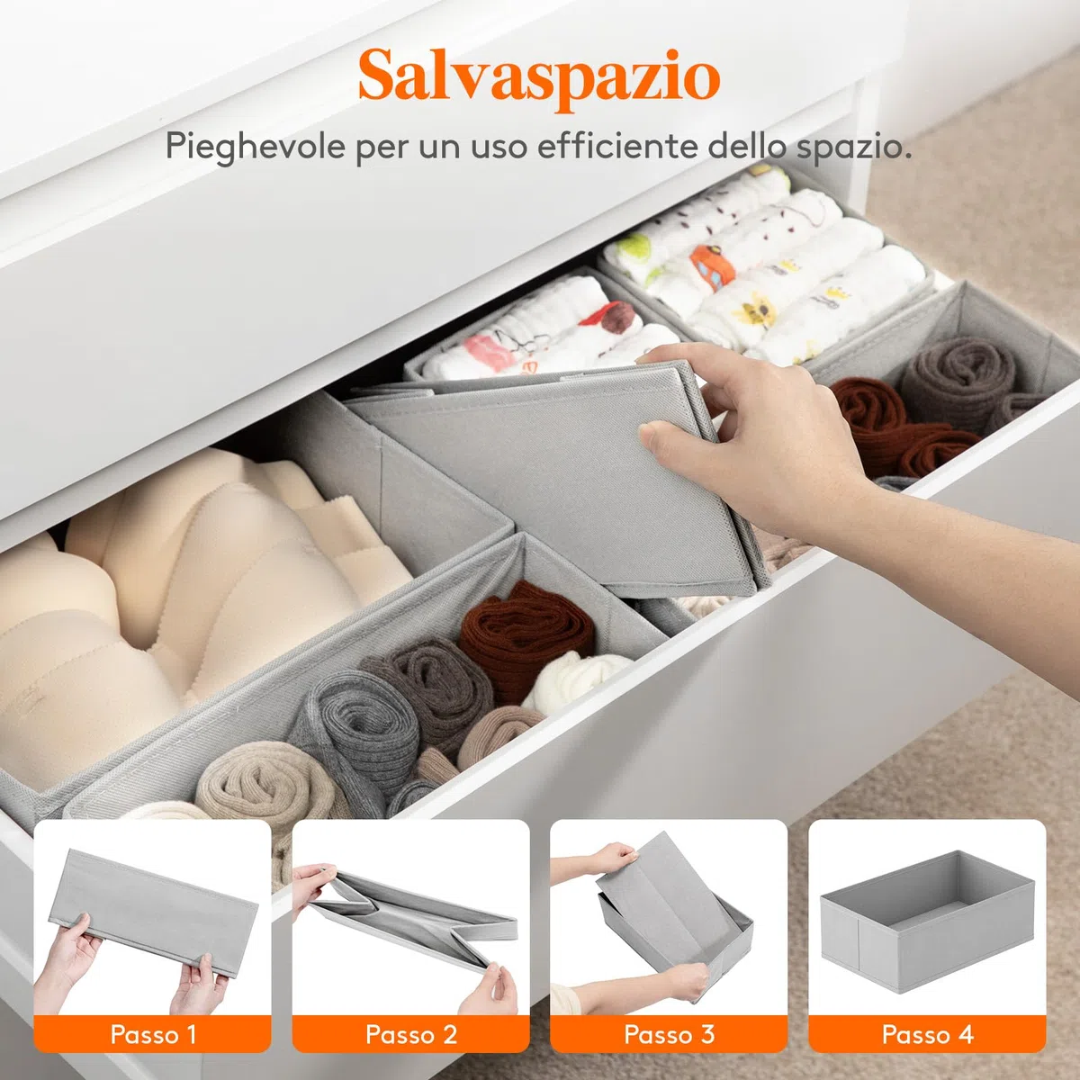 Lifewit 8 Pezzi Organizer Cassetti, Divisori per Cassetti in Tessuto, Organizer Armadio, Scatole Portaoggetti Pieghevole per Abiti, Separatori per Cassetti per Calzini, Cravatte, Cinture,Grigio Chiaro