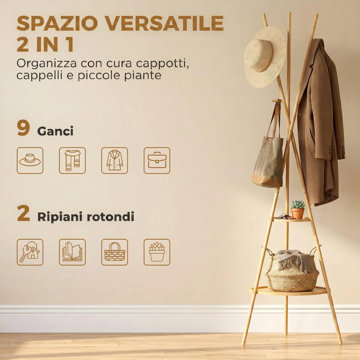 HOMCOM Appendiabiti da Terra in Bambù Rotondo con 2 Ripiani, Attaccapanni da Terra per Ingresso, Forma Albero Autoportante con 9 Ganci, Naturale