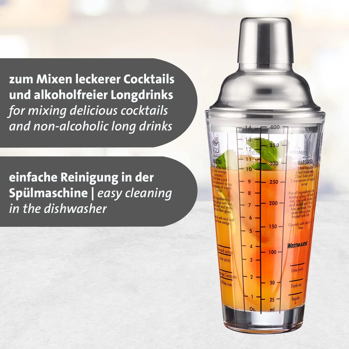 Westmark Shaker per cocktail Sam – shaker con bilancia e colino, miscelatore professionale per cocktail, accessori per bar, include ricette – acciaio inox, vetro, 400 ml