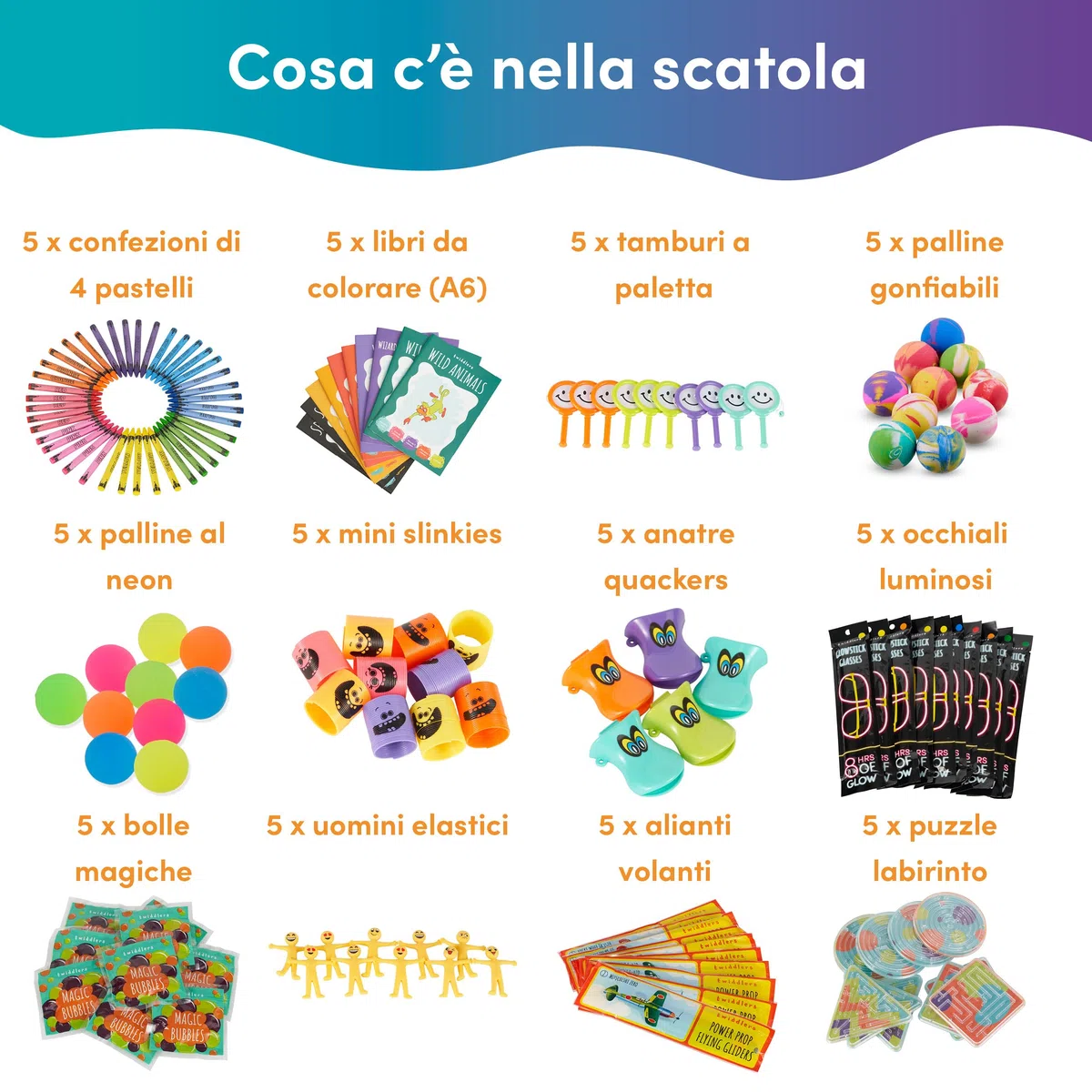 THE TWIDDLERS Set di 60 piccoli regali di compleanno per bambini di alta qualità per ragazze e ragazzi – Sacchetti regalo per riempire di giocattoli per souvenir, regali di compleanno,