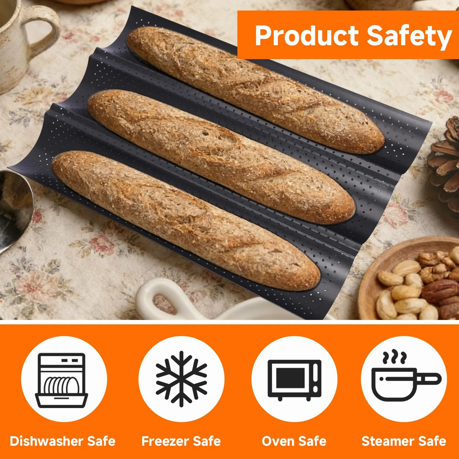 Stampo per Baguette, Teglia Baguette con Rivestimento Antiaderente, Teglia per Pane, Perfetto per Panetterie e Uso Domestico, 38x25 cm, Acciaio al Carbonio