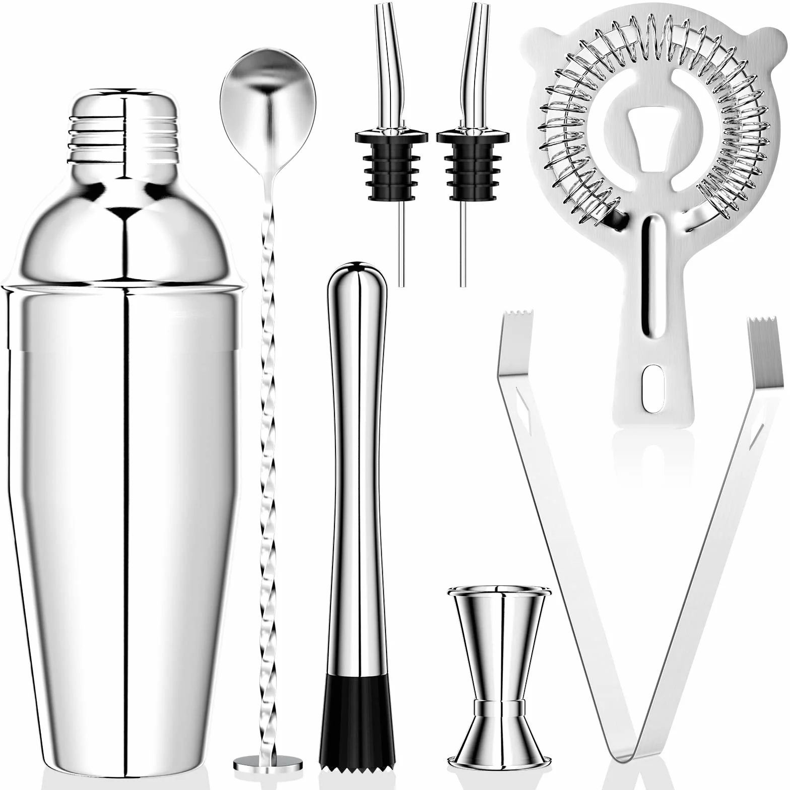 Newaner 750 ML shaker, 8 pezzi cocktail set kit in Acciaio Inox,professionale barman set , con Colino, Jigger, Cucchiaio, Versatore, per Miscelare Bevande, Casa, Bar, Feste (Argento)