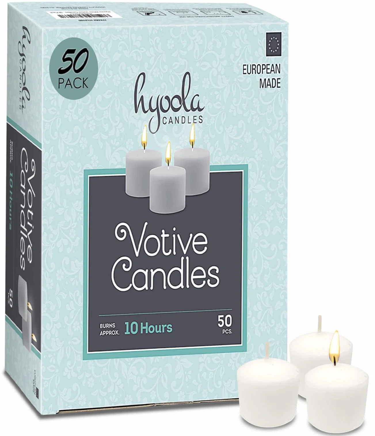 Hyoola Candele Votive - Durata Candela 10 Ore - Candele Votive Non Profumate - Set da 50 Candele Bianche - Made in Europe