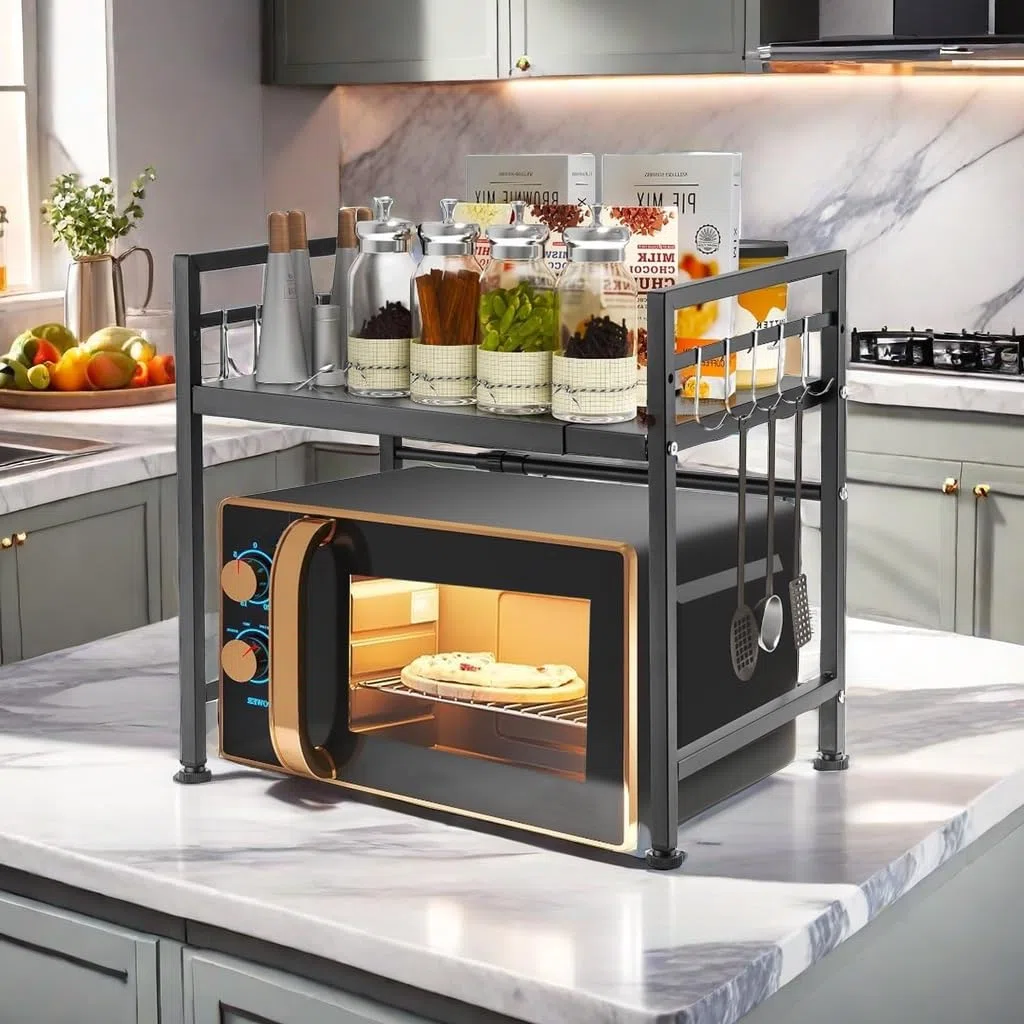 Mensola Microonde Estensibile 40-65 cm, Regolabile Due Livelli Microonde Scaffale, Acciaio Carbonio Ripiano Contatore Cucina Organizzatore Ripiani, 6 Ganci, Carico Pesante 60lbs (Nero)