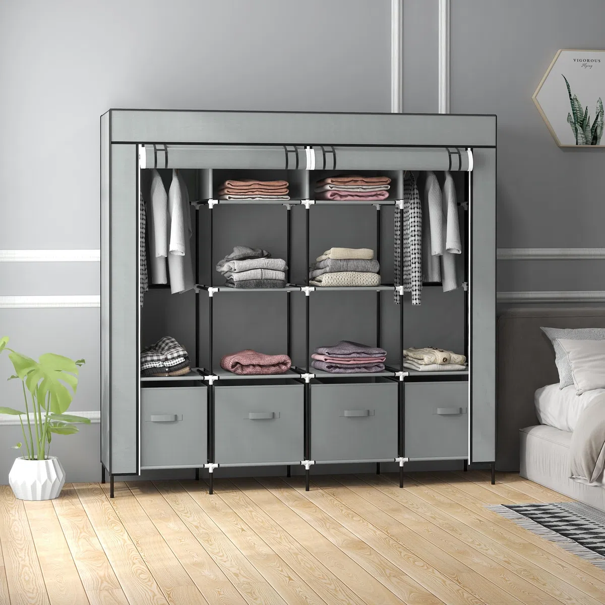 HOMCOM Armadio Portatile in Tessuto non Tessuto e Acciaio, Guardaroba con 10 Ripiani, 4 Cassetti, 2 Barre Appendiabiti e Ante a Cerniera, 166x42.5x169.5cm, Grigio Scuro