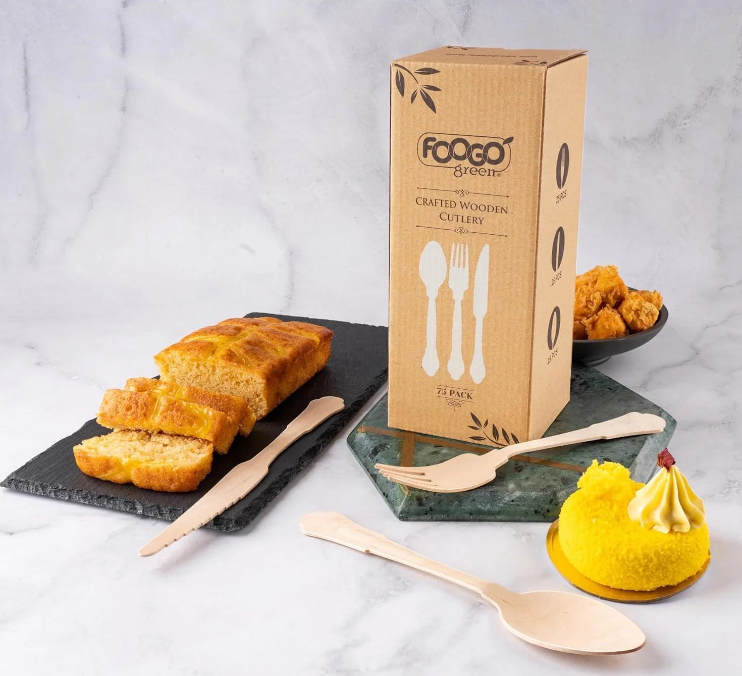 FOOGO Green Set di 75 Posate Monouso in Legno, Certificate FSC®, 25 Forchette, 25 Cucchiai, 25 Coltelli, 16 cm, Compostabili, Set di Posate, Picnic, Set di Posate in Bambù per Aperitivi, Stuzzichini