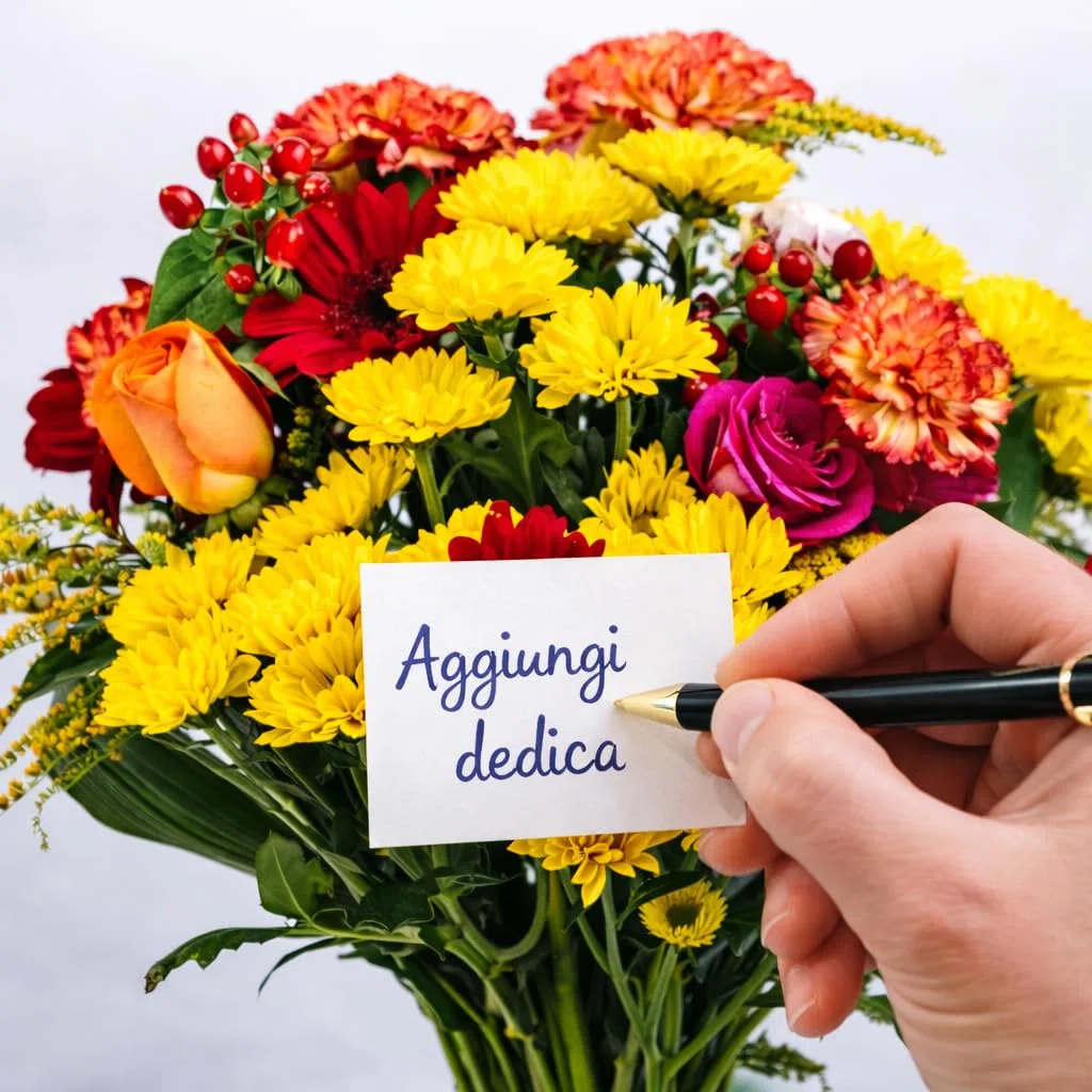eFiori - Consegna a MANO da un FIORISTA Fiori Freschi a domicilio, Mazzo di Fiori VERI tonalità calde + Verde decorativo. DEDICA INCLUSA -> Opzione regalo