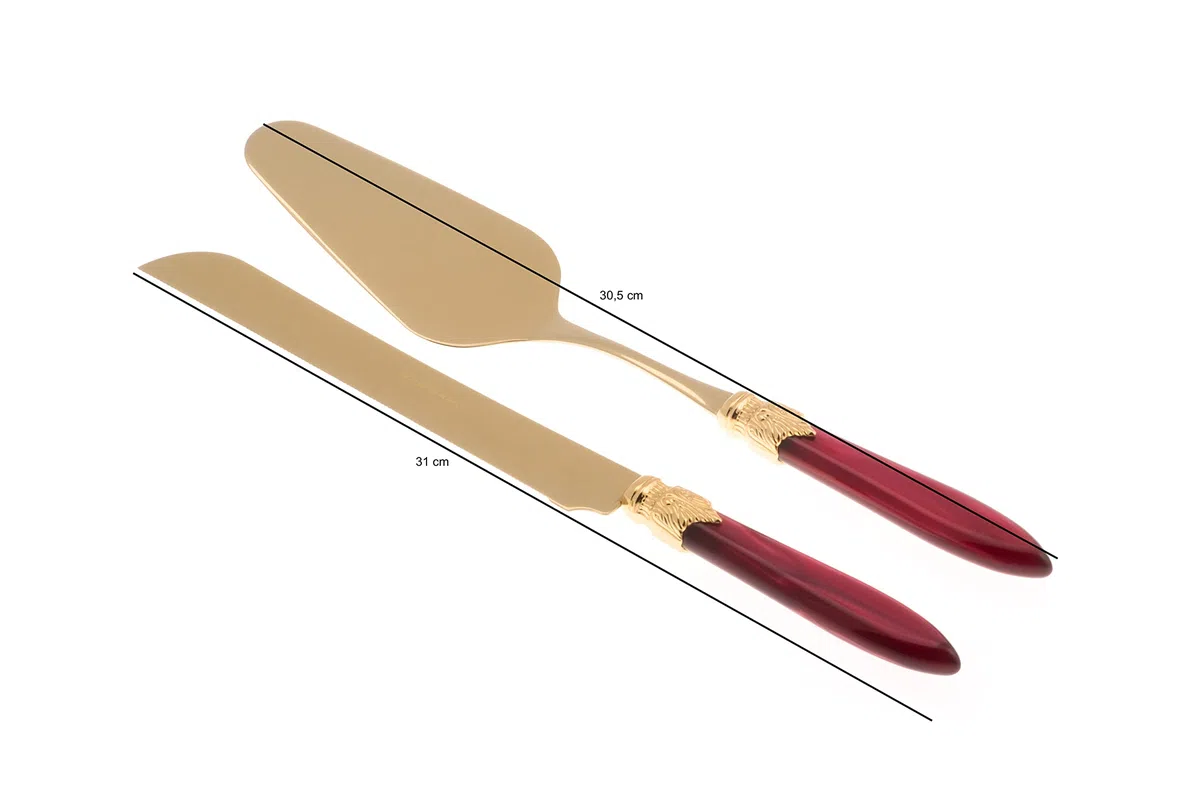 Rivadossi Laura Oro Bordeaux - Set di Pala e Coltello per Torta, 2 Pezzi - 100% Made in Italy, Artigianalità e Design - Acciaio Inox 18/10