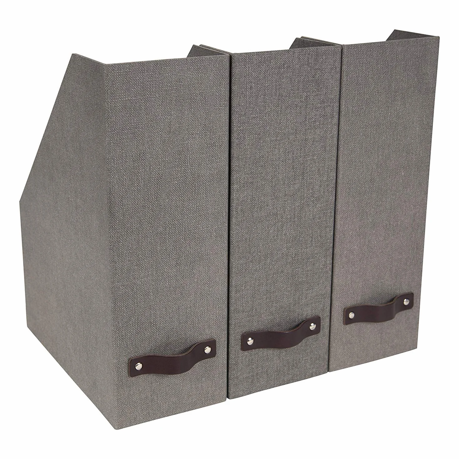 Bigso Box of Sweden Porta riviste con maniglia in pelle – Raccoglitore ufficio in fibra di legno e carta con effetto lino – Portadocumenti scaffali per riviste, cartelle o giornali – grigio
