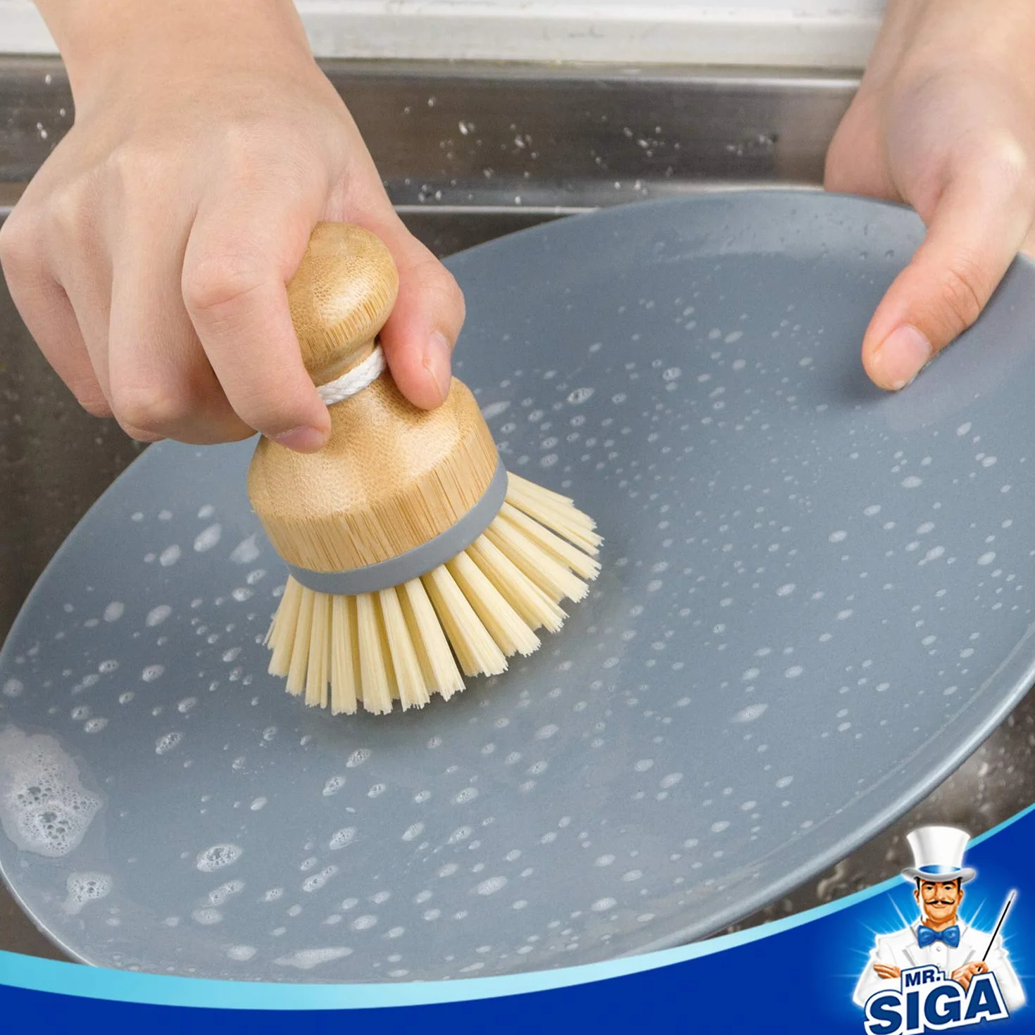 MR.SIGA Bamboo Palm Brush, Scrub Brush for Dish Pans Pins Kitchen Sink Cleaning, Confezione da 2