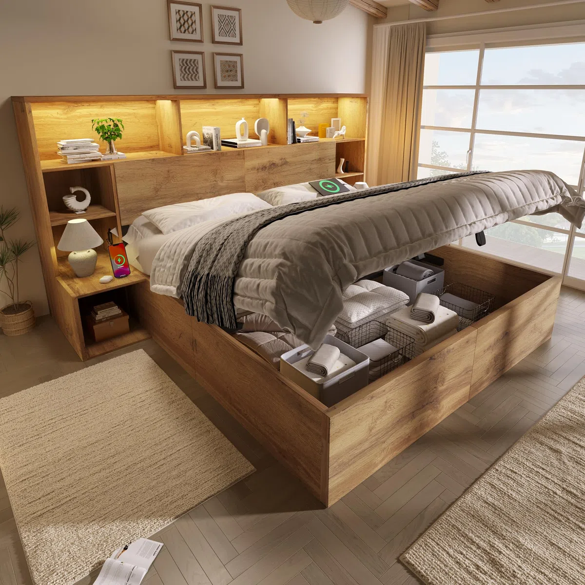 Letto matrimoniale in legno, 160 x 200 cm, letto in legno massello, con vano idraulico e comodini integrati, con ripiano per testiera e rete a doghe, letto di sistema, rovere (senza