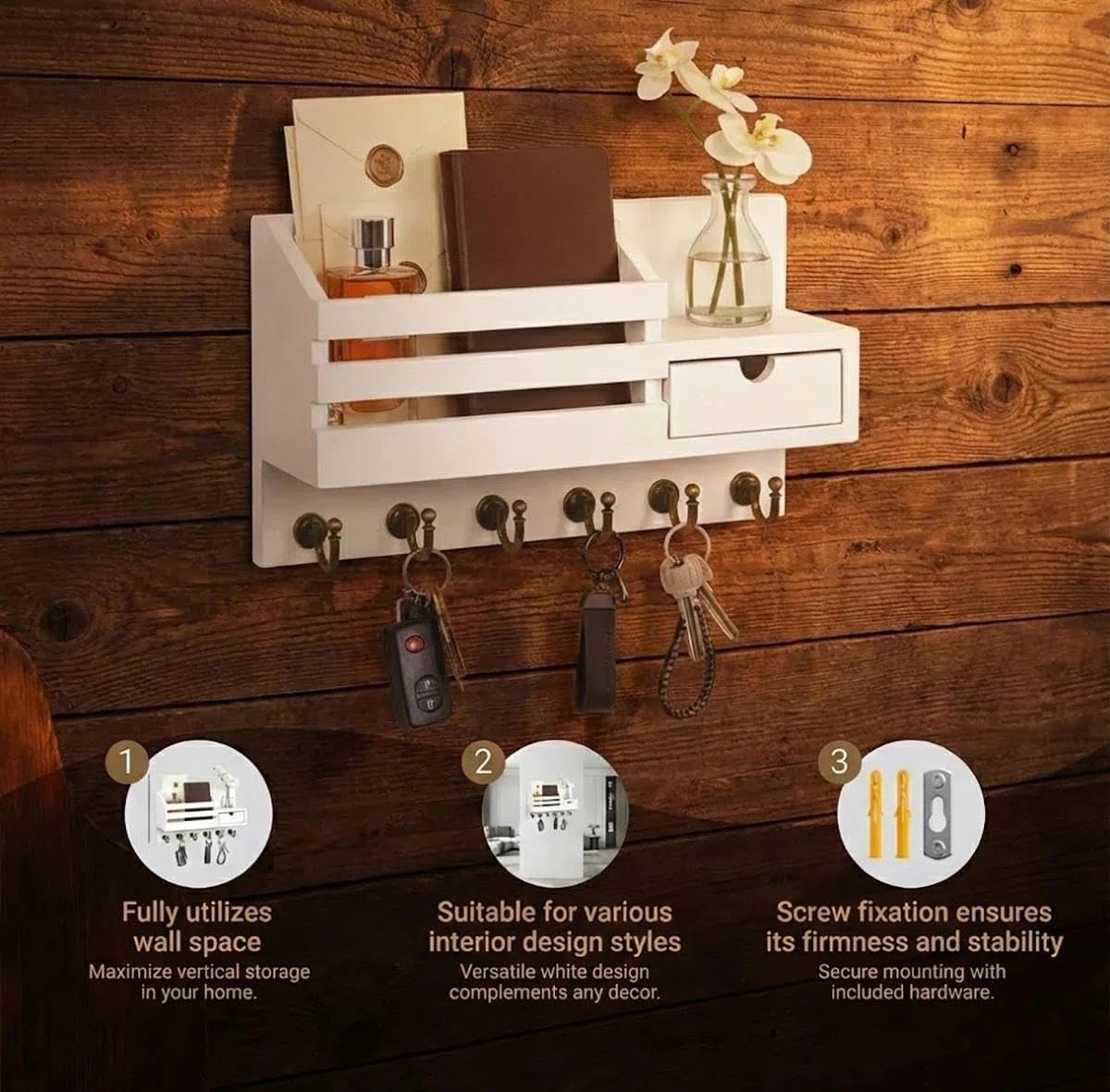Portachiavi da parete con ripiano e cassetto, portachiavi in legno con 6 ganci, mensola da parete per organizzare le chiavi per ingresso, corridoio, soggiorno o ufficio, bianco