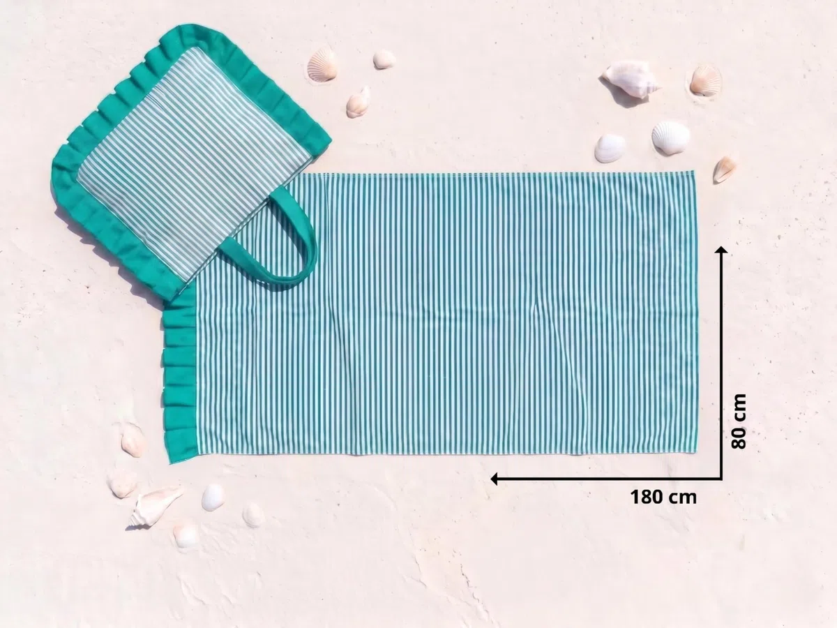 o-day Telo Mare Cotone Leggero con Frill 180x80cm Asciugamano Mare con Borsa Coordinata Set Spiaggia Elegante a Righe (Tiffany)