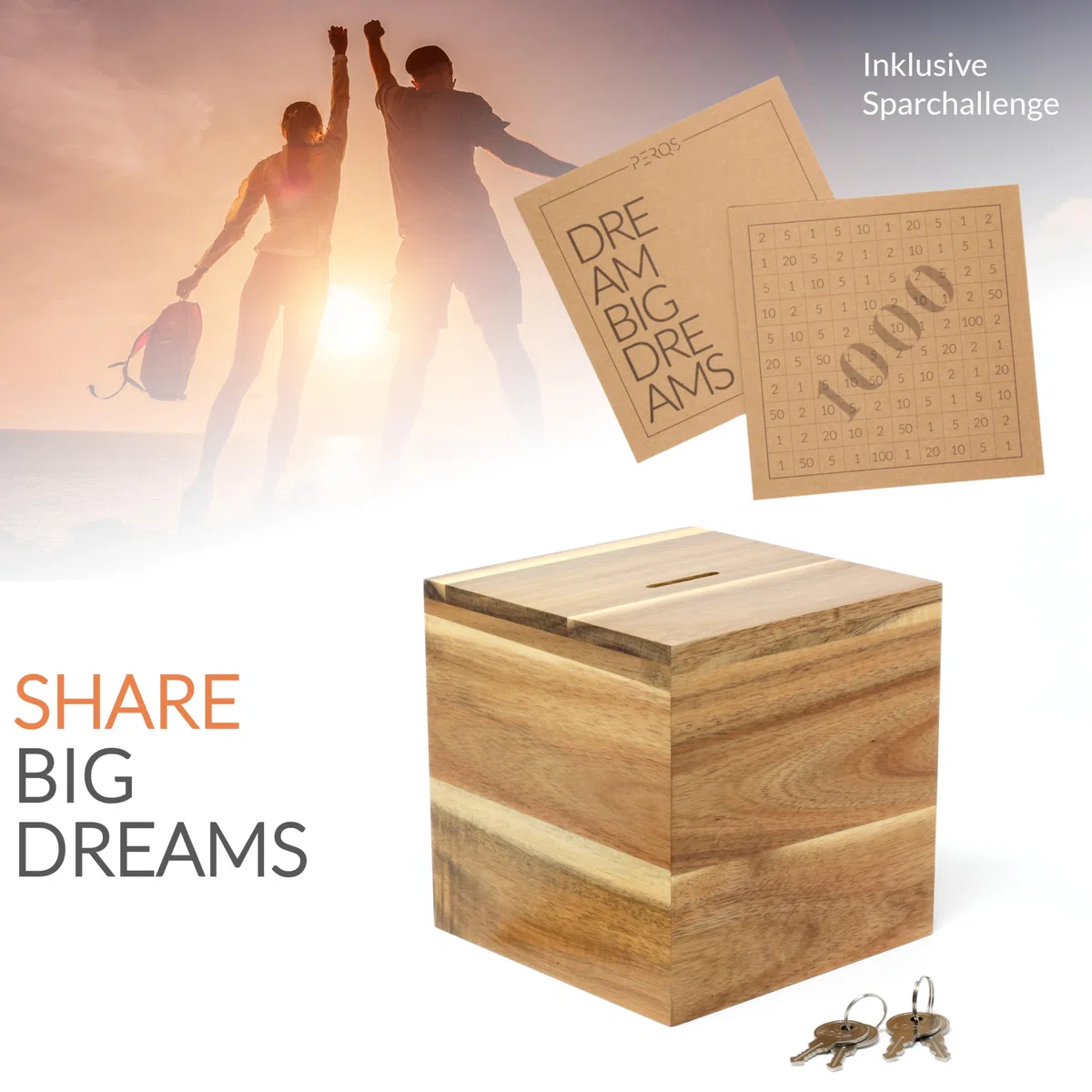 Big Dreams Box – Salvadanaio in legno con doppia serratura | Sfida di risparmio per coppie | Regalo originale per matrimonio e anniversario | Per viaggi, vacanze e sogni condivisi