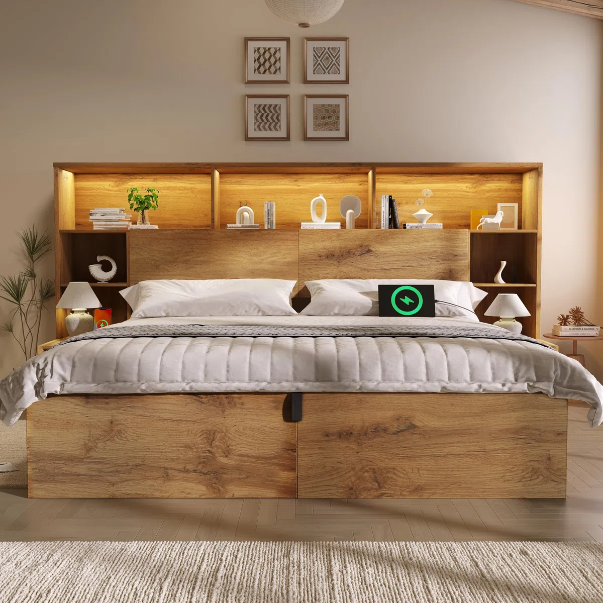 Letto matrimoniale in legno, 160 x 200 cm, letto in legno massello, con vano idraulico e comodini integrati, con ripiano per testiera e rete a doghe, letto di sistema, rovere (senza