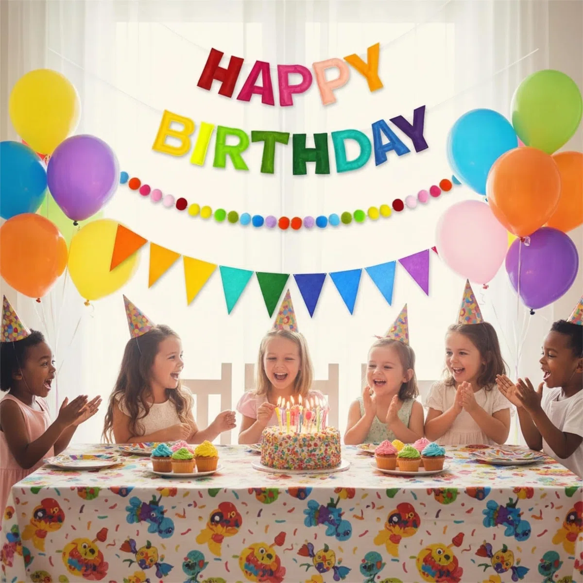 Happy Birthday Banner, Riutilizzabile Banderole Buon Compleanno, Arcobaleno Catena di Gagliardetti con Lettere e Palle di Feltro, Ghirlanda Preassemblata Decorazioni per Festa di Compleanno