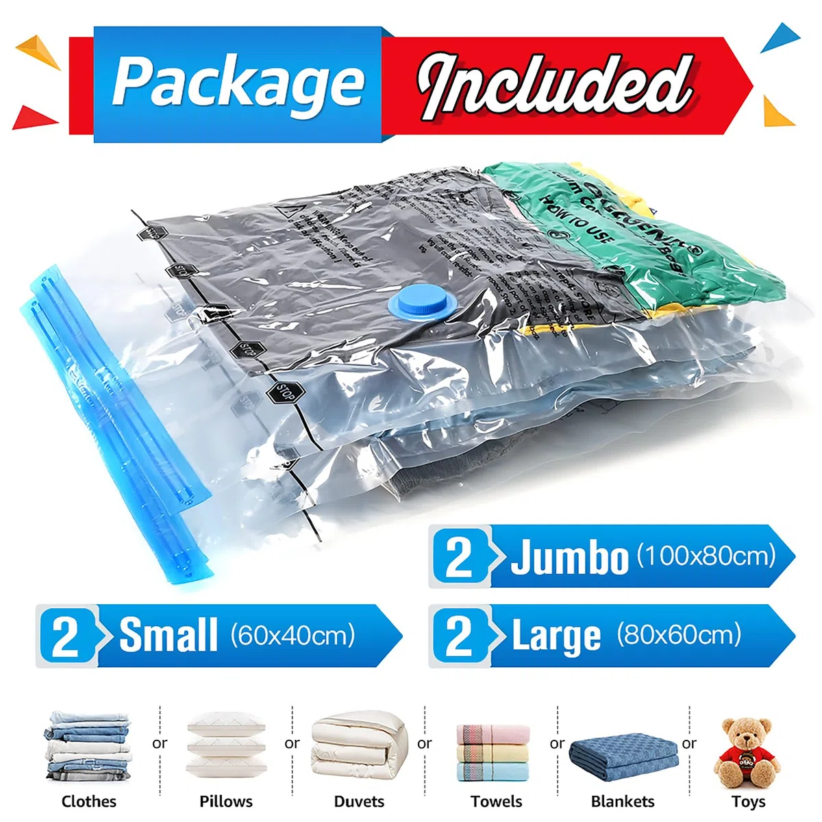 BoxLegend Sacchetti Sottovuoto Vestiti Buste Sottovuoto Vestiti 6 Pezzi 2*Jumbo 100x80cm + 2*Grandi 80x60cm+2*Piccolo 60x40cm Sacchi Sottovuoto Riutilizzabili per Coperte Lenzuola Piumoni Cuscini