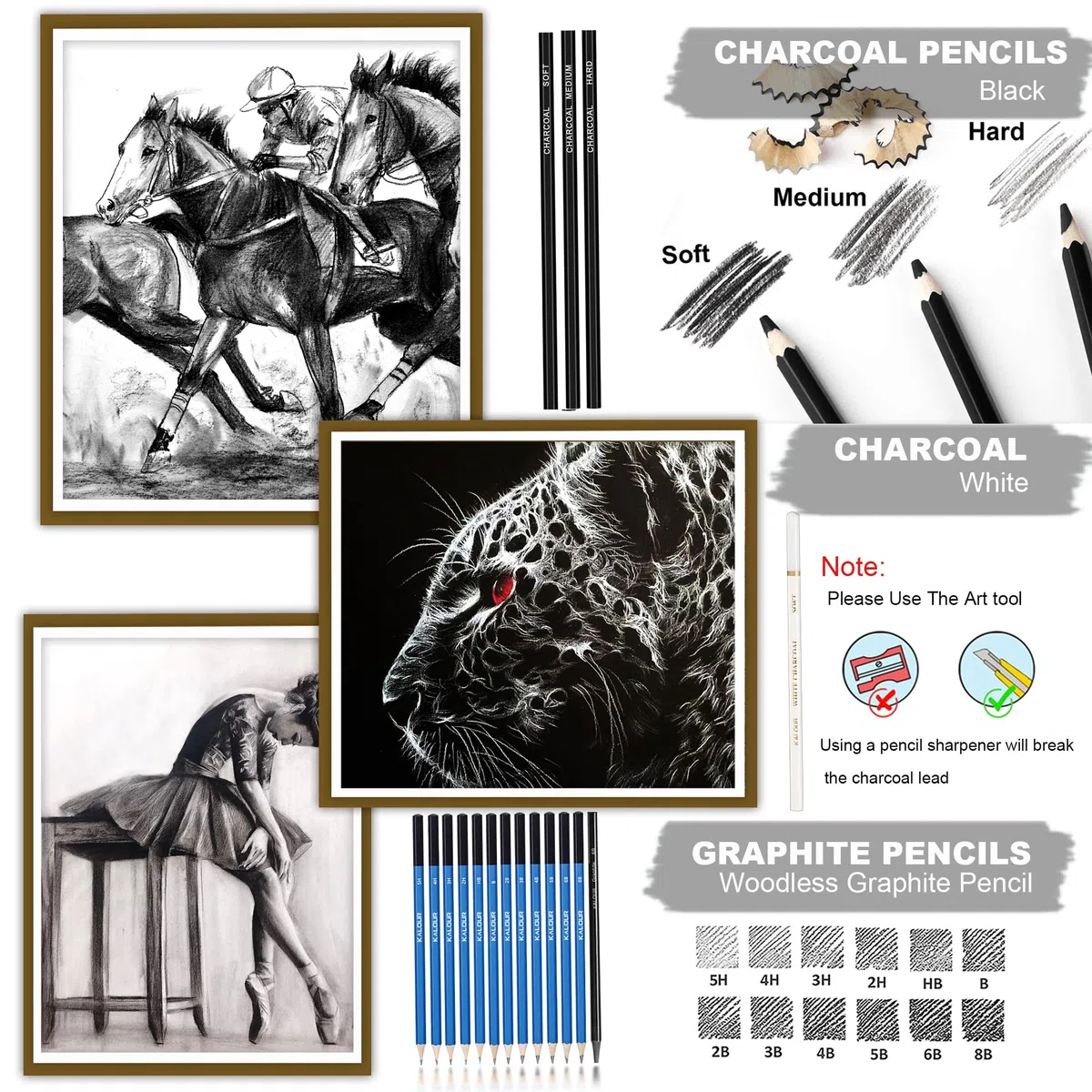 KALOUR Set di 34 matite da disegno con album e custodia da viaggio, per schizzi e carbone, gomma inclusa, per principianti e adulti