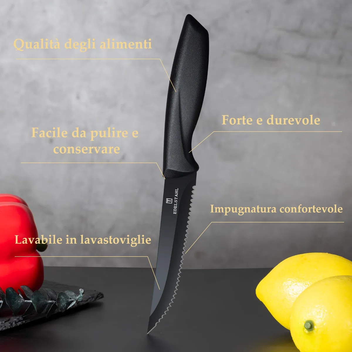 Coltello da cucina professionale, set di 6 coltelli da bistecca, coltello da bistecca in acciaio inox di alta qualità, coltelli da tavola resistenti, utensili da cucina neri