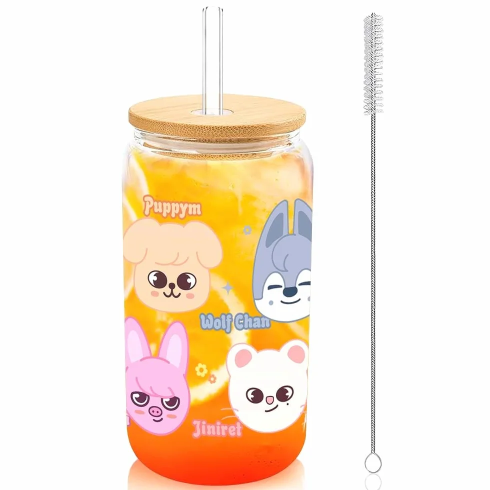 Stray SKZ con coperchio e cannuccia, vetro Skzoo da 500 ml, per tè a bolle, caffè, frullati, tè freddo, cocktail, kpop merch regali per Stay