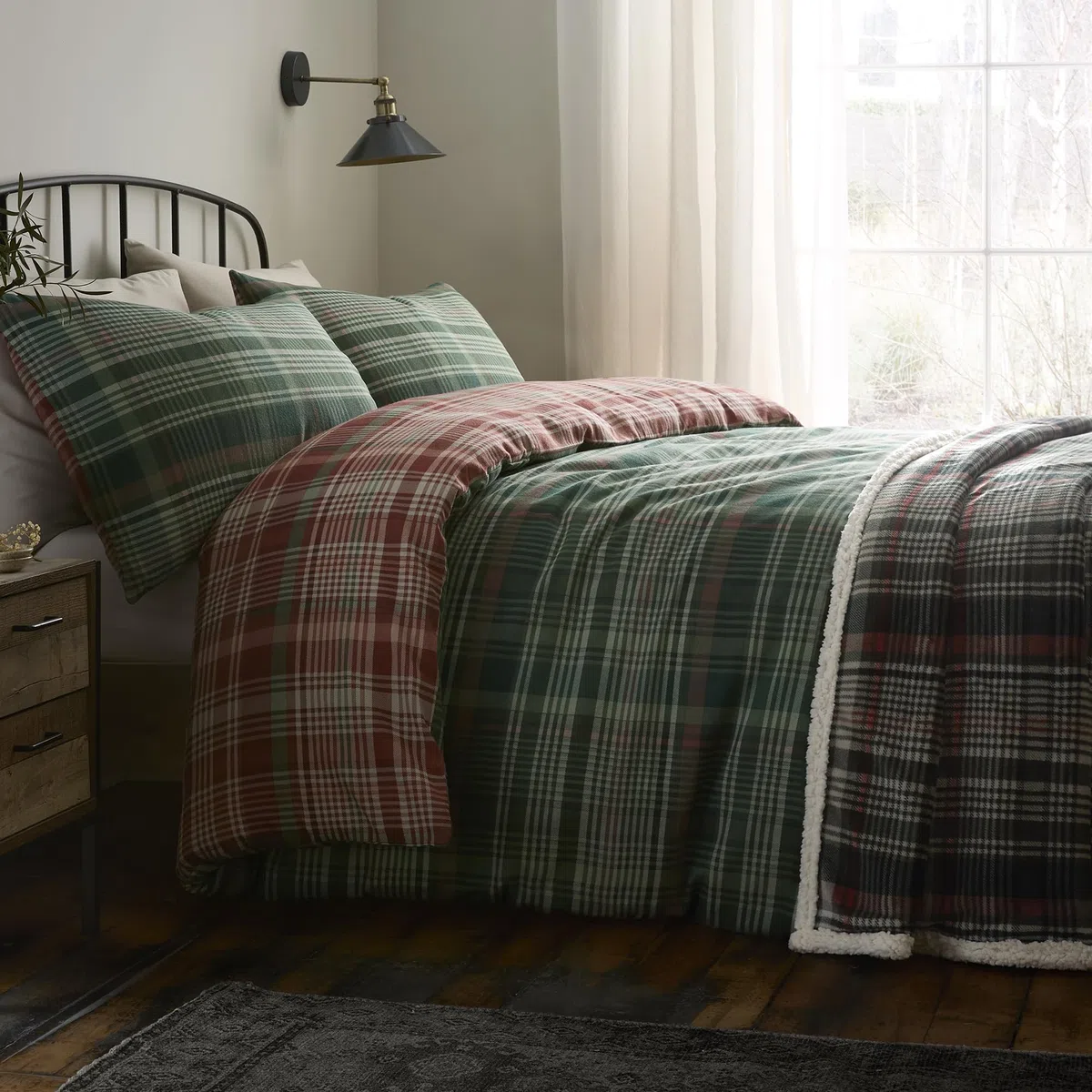 Dreams & Drapes Lodge Bennet - Set copripiumino a quadri, 100% cotone spazzolato, king size 230 x 220 cm, verde, motivo tradizionale a quadri, 2 federe