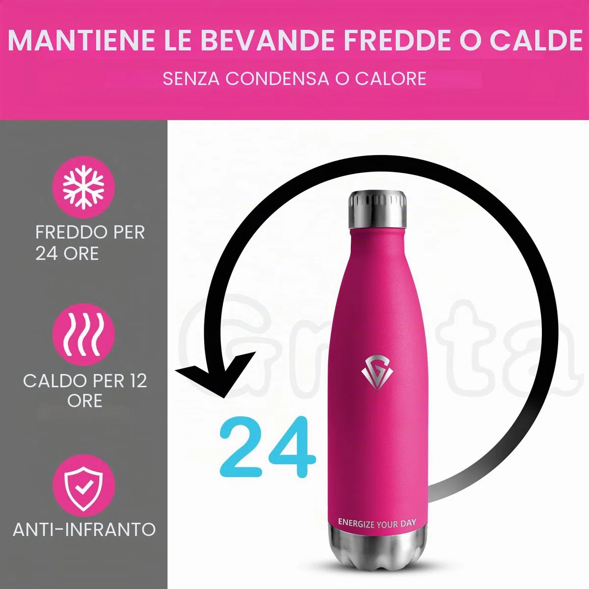 Grsta Borraccia Termica - 500ml - Acciaio Senza Perdite, Bottiglia Termica, Senza BPA, Palestra Mezzo, Inox per Scuola,Yoga, Ufficio
