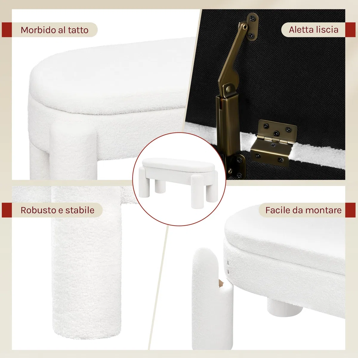 WOLTU Panca Contenitore, Panca Imbottita in Tessuto Teddy, 114x47x53 cm, Poggiapiedi Divano, per Camera da Letto, Soggiorno, Ingresso, Portata 250 kg, Moderno, Bianco