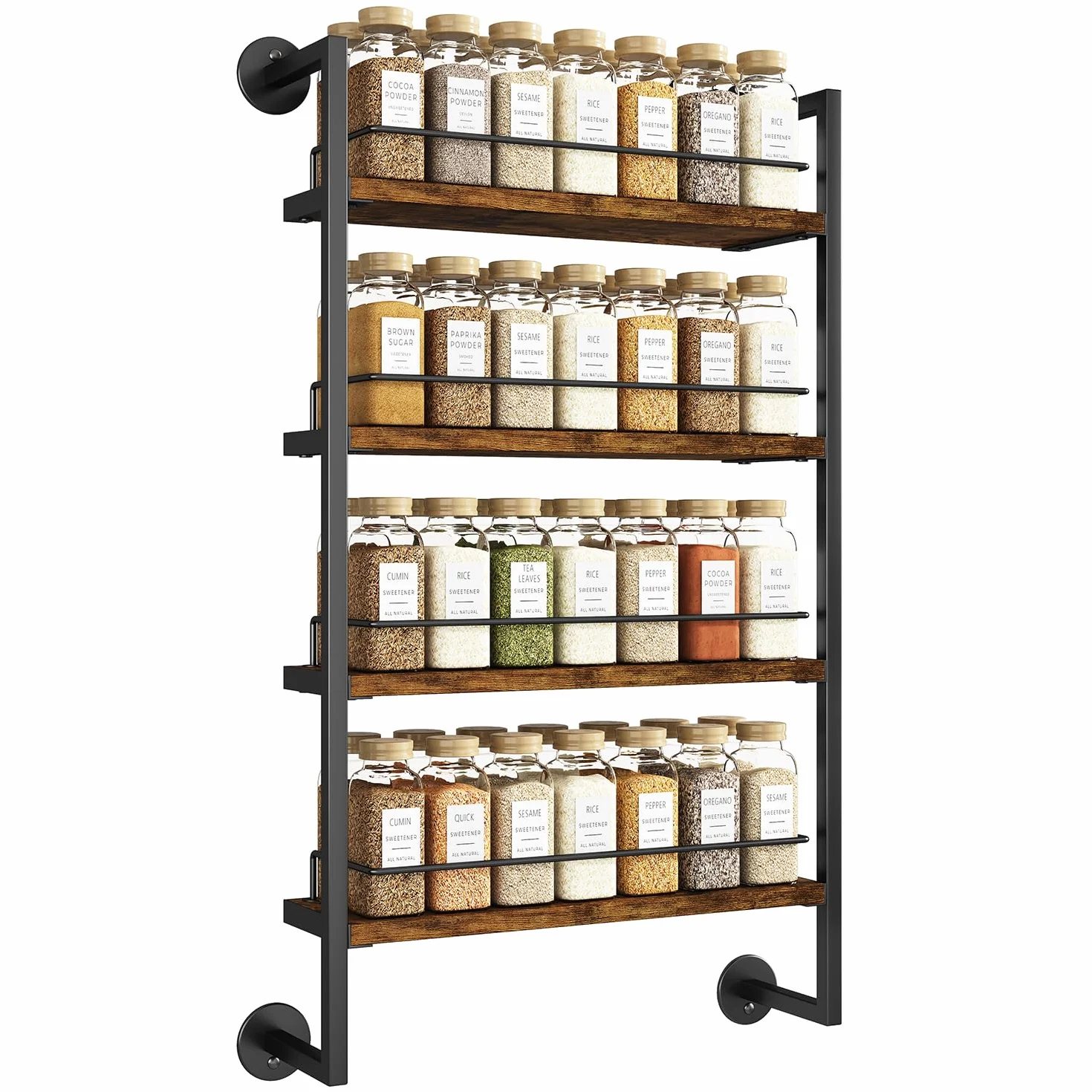 IBUYKE LJ016H - Portaspezie da parete, 4 ripiani, grande organizer per spezie fino a 50 bicchieri, in legno, per cucina, porta armadio, bagno, dispensa, marrone