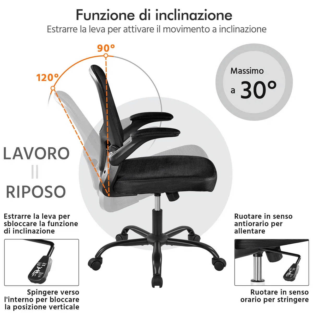 Sedia da Ufficio con Supporto Lombare, Sedia Scrivania Ergonomica con Braccioli Regolabili in Rete Traspirante, Altezza Regolabile e Schienale Inclinabile con Ruote Girevoli Nero