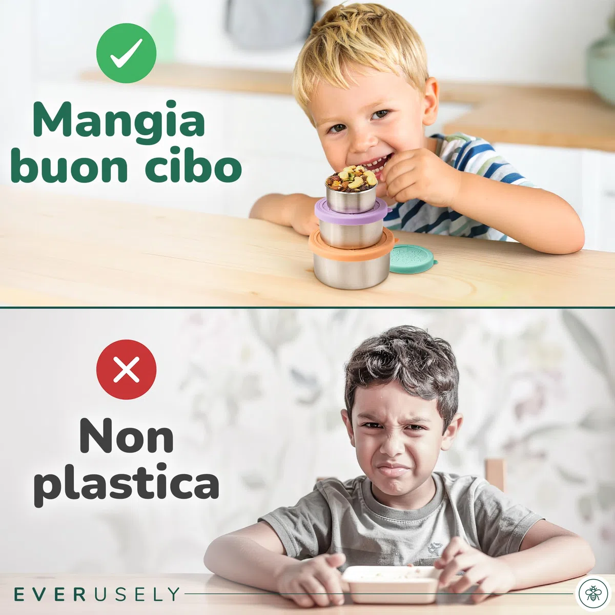 Everusely - Contenitori per Alimenti in Acciaio Inossidabile - Set da 3, Bright - Portapranzo in Metallo Contenitori per Snack per Ufficio, Conservazione a Casa - Coperchi Antifuga