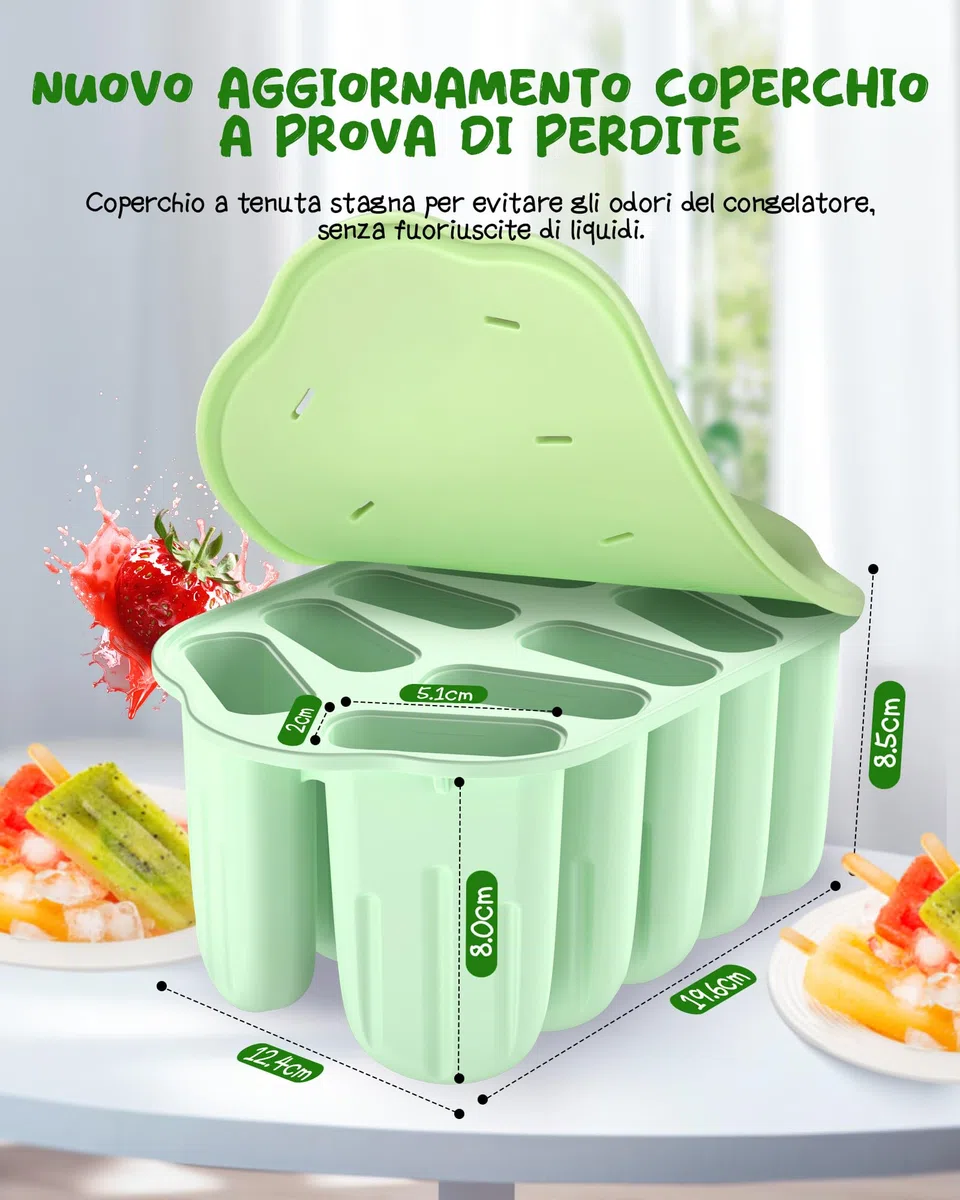 Stampi per Ghiaccioli in Silicone, Silicone Stampi per Gelato senza BPA, 10 Cavità Formine Ghiaccioli Riutilizzabili, Stampi per Ghiaccioli Spazzola per la Pulizia e Coperchio, per DIY Ghiaccioli